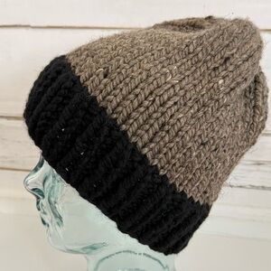 Handmade Knit Beanie – Taupe & Black Cozy Winter Hat